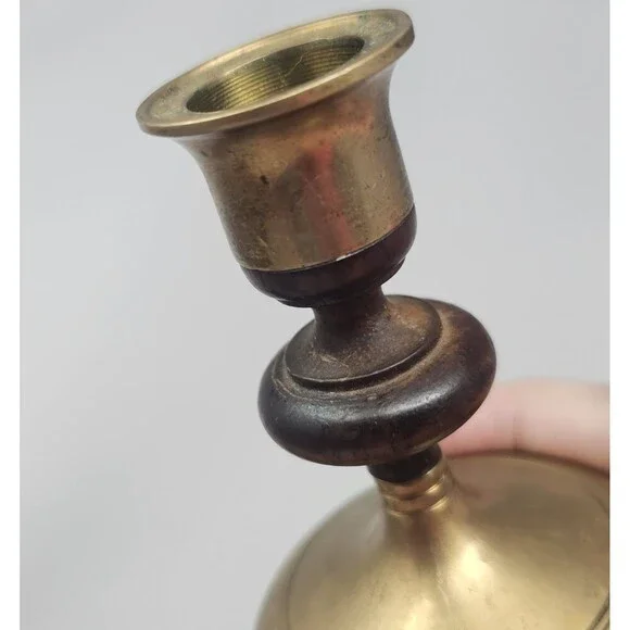 Vintage Pair of MCM Teak Wood & Brass Candle Stick Holders Tapered 3.5" - Picture 5 of 12